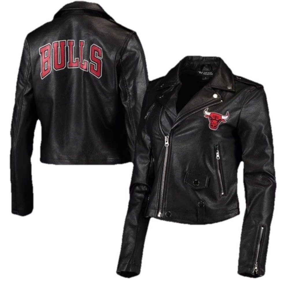 The Wild Collective NBA‎ Chicago Bulls edgy Faux Leather Moto jacket NWT Med